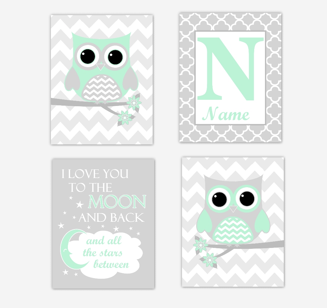 Mint Green Owls Baby Girl Nursery Wall Art Prints Personalized Baby Nursery Decor I Love You To The Moon and Back 01736