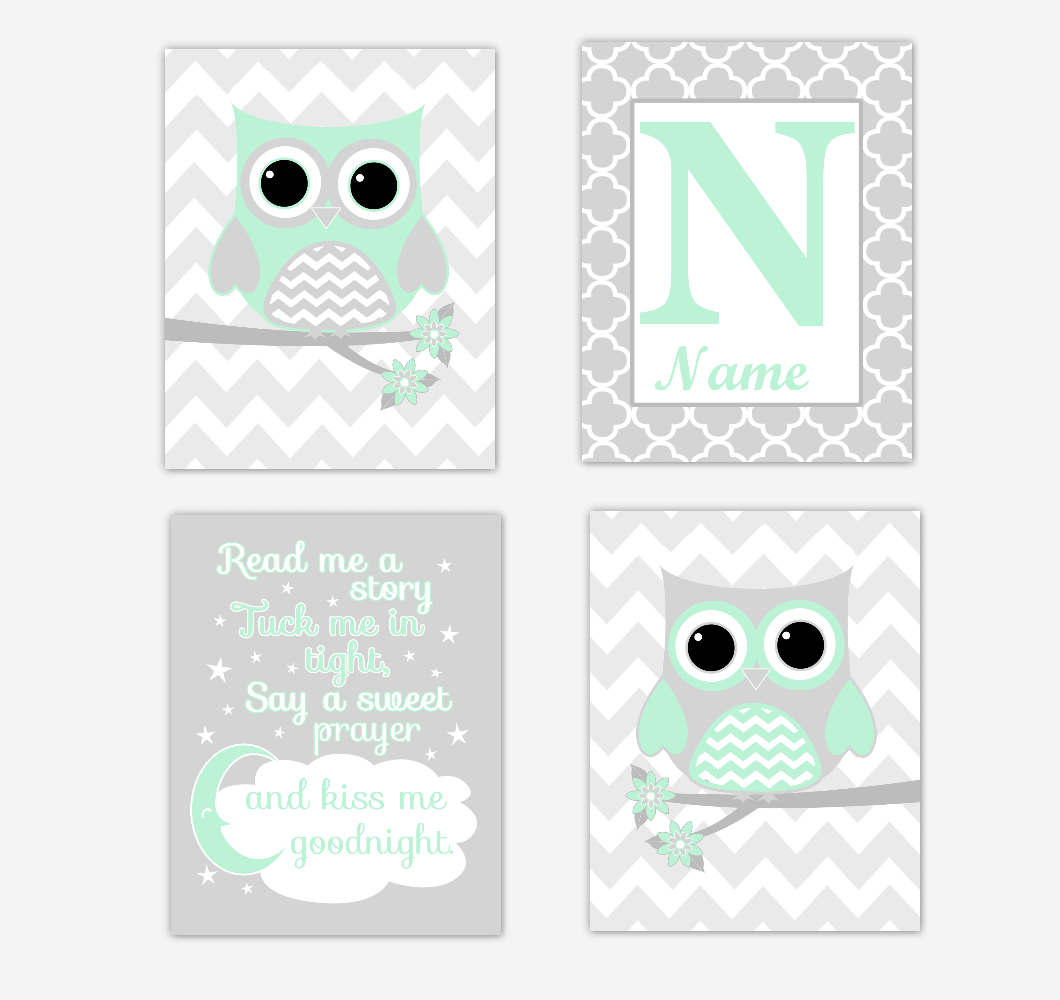 Mint Green Owls Baby Girl Nursery Wall Art Prints Personalized Baby Nursery Decor Read Me A Story 01737