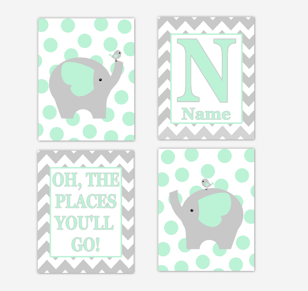 Mint Green Elephants Baby Nursery Wall Art Prints Personalized Baby Nursery Decor Oh The Places You'll Go Gender Neutral Baby Decor 01739