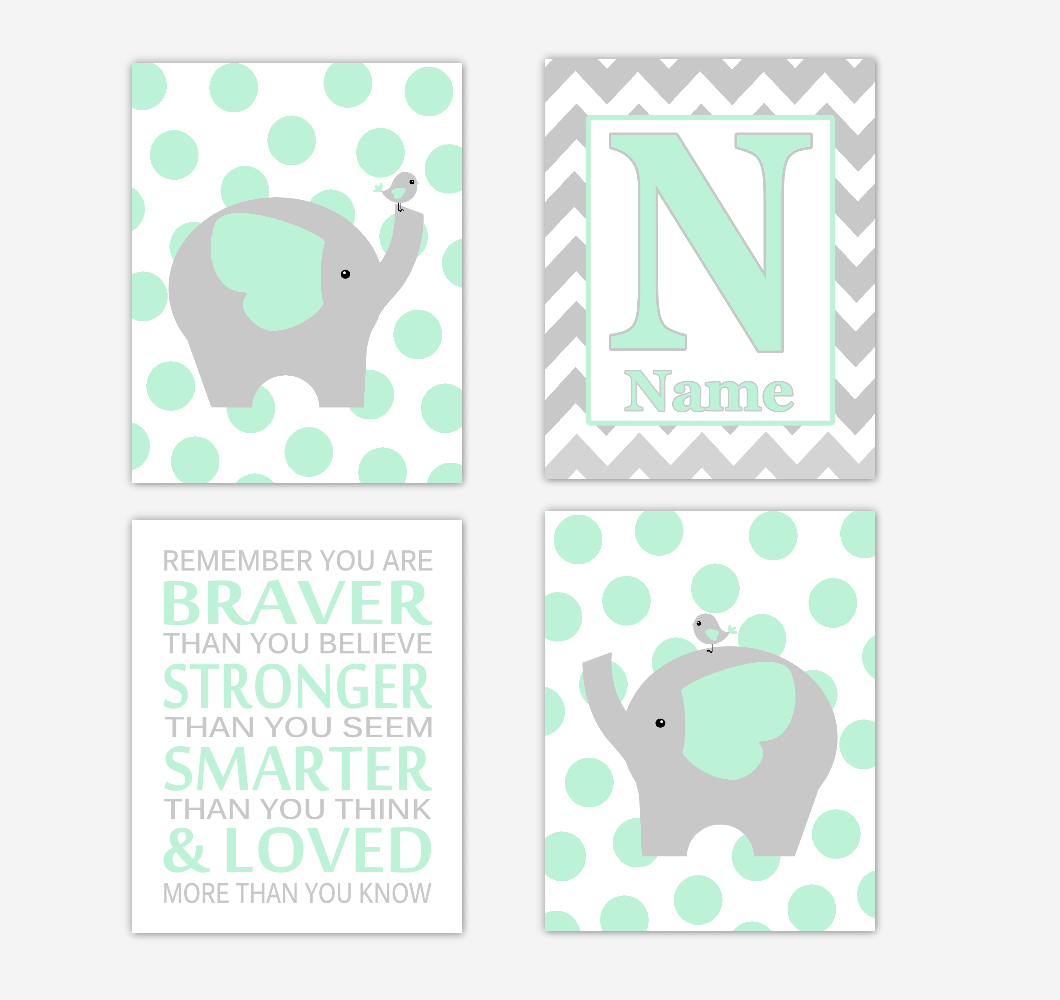 Mint Green Elephants Baby Nursery Wall Art Prints Personalized Baby Nursery Decor Remember You Are Braver Gender Neutral Baby Decor 01741