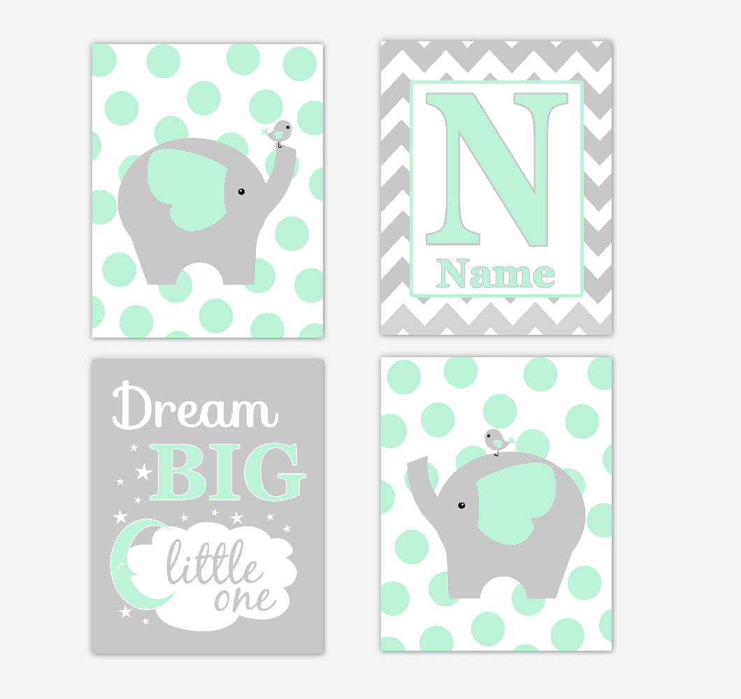Mint Green Elephants Baby Nursery Wall Art Prints Personalized Baby Nursery Decor Dream Big Little One Gender Neutral Baby Decor 01743