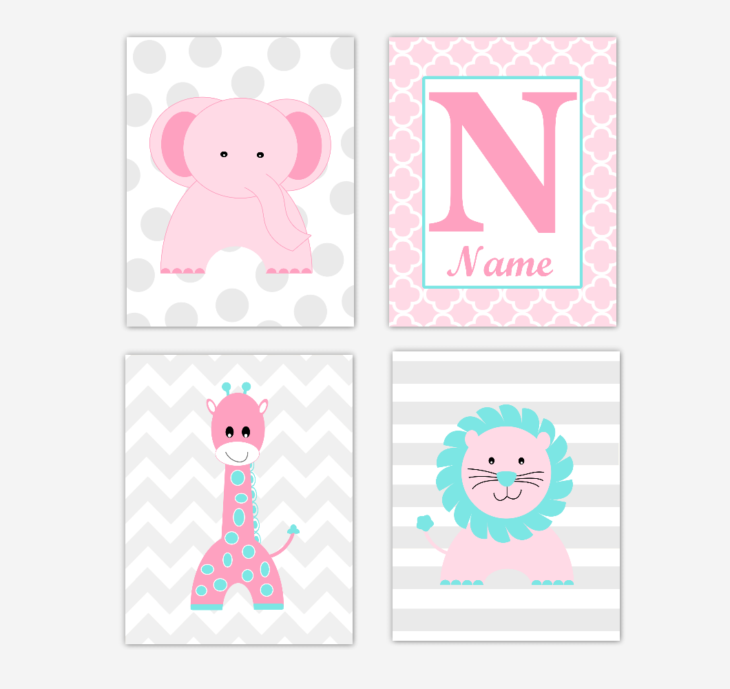 Pink Elephant Baby Girl Nursery Wall Art Prints Giraffe Lion Safari Teal Aqua Personalized Baby Nursery Decor 01757
