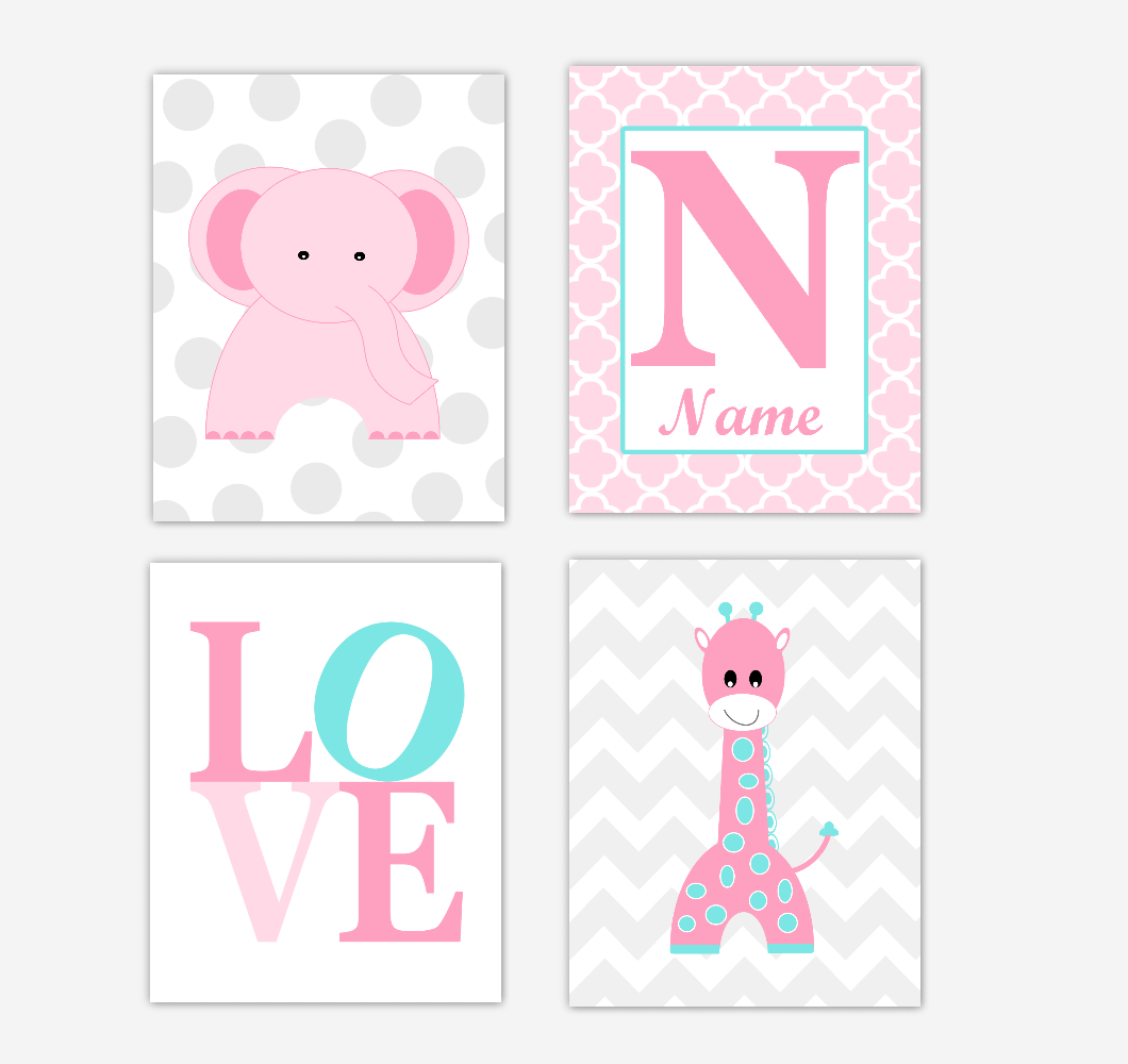 Pink Elephant Baby Girl Nursery Wall Art Prints Giraffe Safari Teal Aqua Personalized Baby Nursery Decor 01758