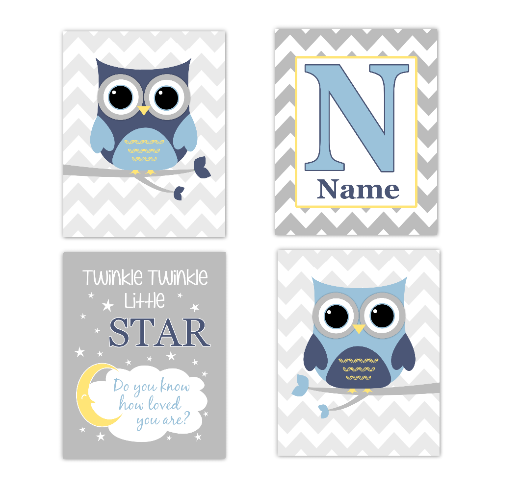Blue Yellow Owls Baby Boy Nursery Wall Art Prints Personalized Baby Nursery Decor Dream Twinkle Little Star 01761