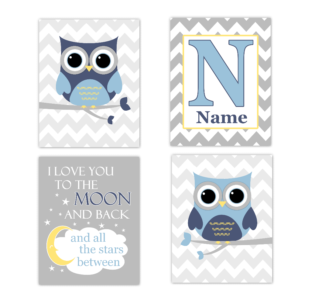 Blue Yellow Owls Baby Boy Nursery Wall Art Prints Personalized Baby Nursery Decor Dream I Love You To The Moon and Back 01762