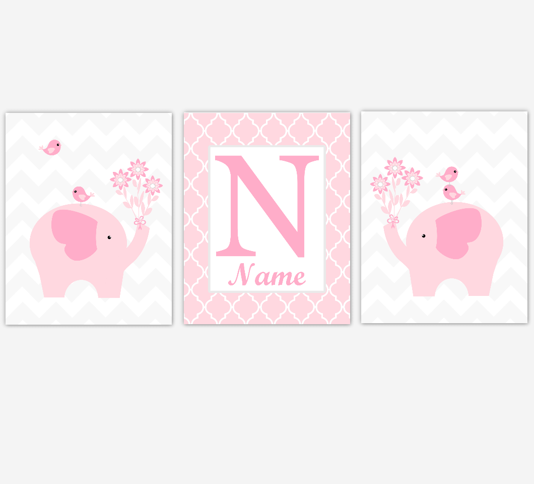 Pink Elephant Baby Girl Nursery Wall Art Personalized Baby Nursery Decor Safari Animals Prints 01770