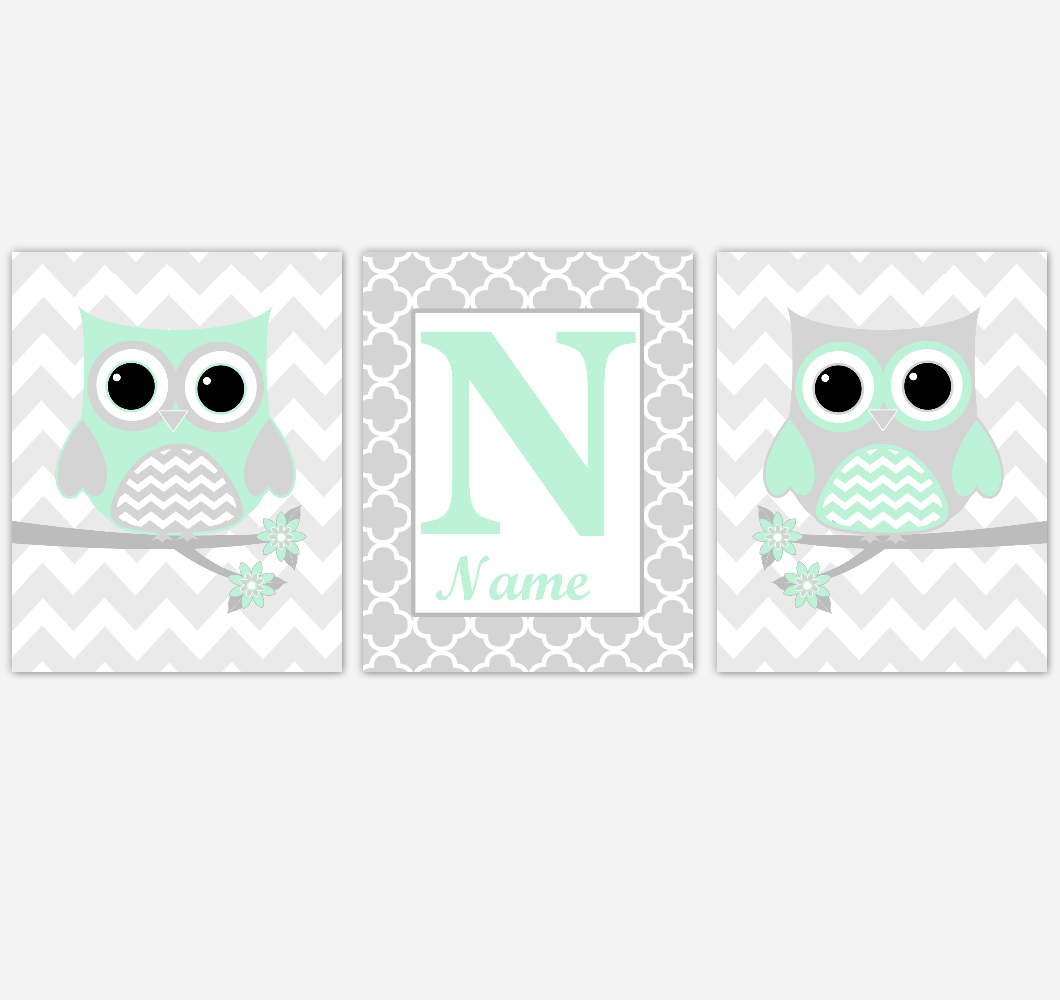 Mint Owls Baby Nursery Wall Art Prints Personalized Baby Nursery Decor Birds Gender Neutral Green Gray 01776