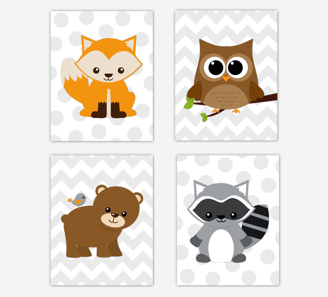 Woodland Animals Baby Boy Nursery Wall Art Prints Fox Owl Raccoon Bear Playroom Prints Baby Nursery Decor 01784