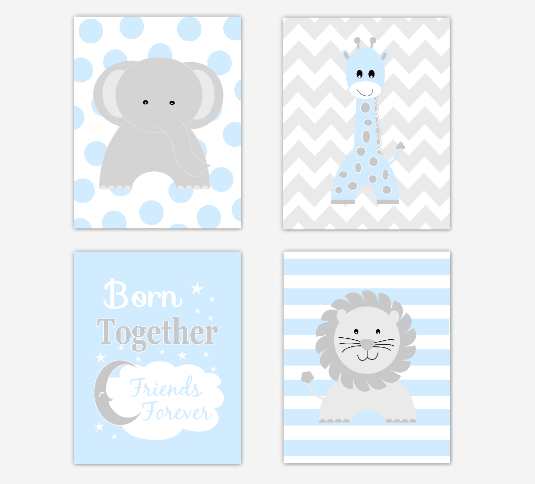 Twins Triplets Baby Boy Nursery Wall Art Safari Animals Elephant Giraffe Lion Baby Nursery Decor Born Together Friend Forever 01785