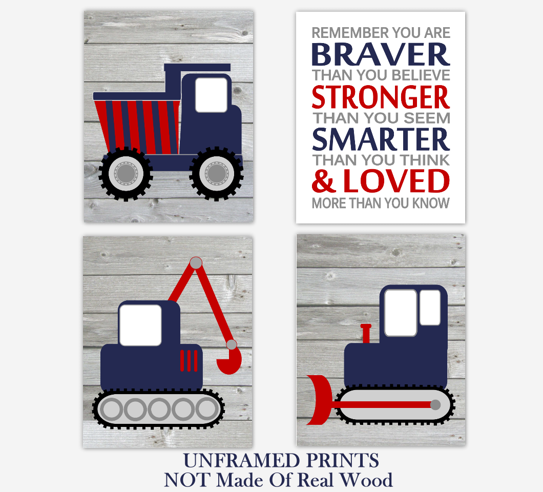 Construction Trucks Navy Blue Red Baby Boy Nursery Art Prints Boy Bedroom Baby Nursery Decor Rustic Farmhouse Always Remember You Are Braver 01791