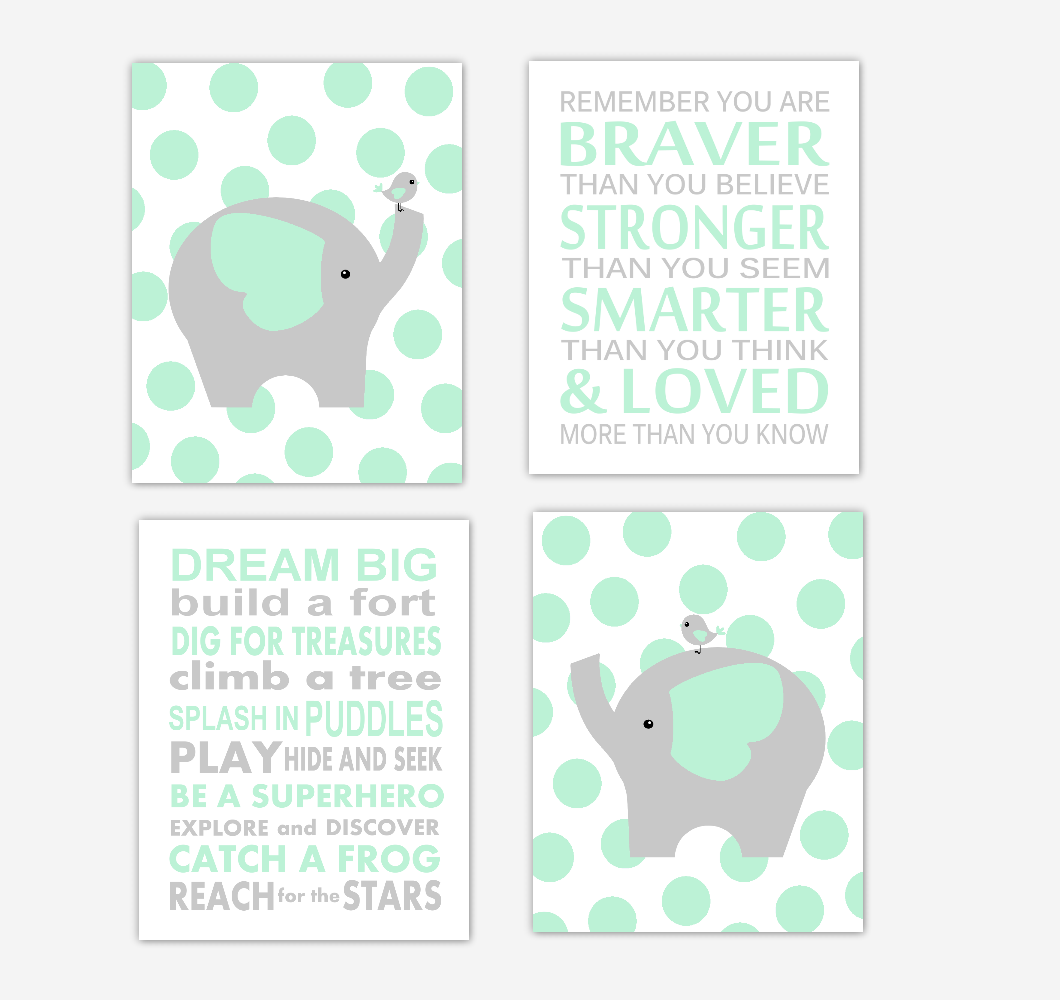 Mint Green Baby Boy Nursery Wall Art Elephant Safari Animals Baby Nursery Decor Green GrayAlways Remember You Are Braver 01795