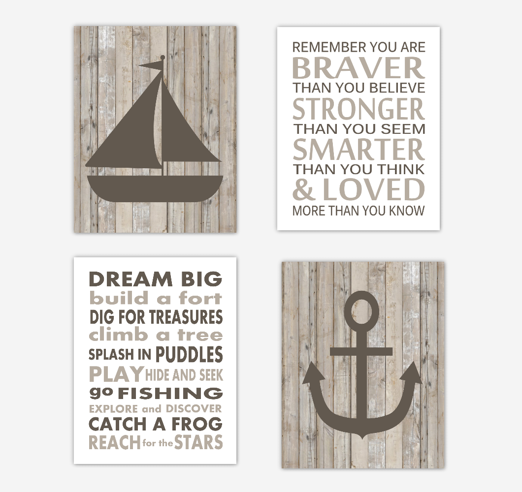 Nautical Baby Boy Nursery Wall Art Prints Rustic Farmhouse Style Sailboat Anchor Baby Nursery Decor Brown Beige Greigelways Remember You Are Braver 01796