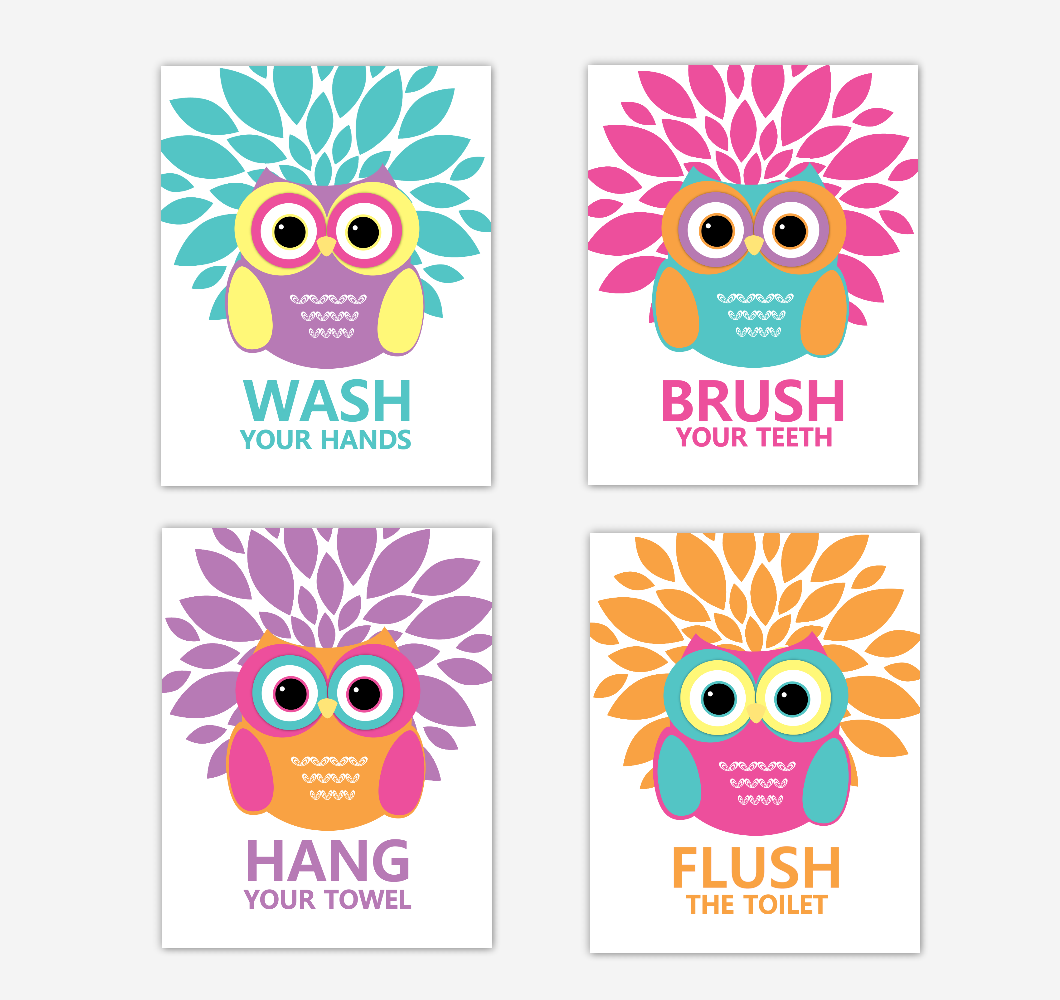 Owl Bath Wall Art Kids Bathroom Prints Decor Bath Rules Wash Brush Hang Flush Dahlia Mum Home DecorTribal Baby Nursery Decor 01798