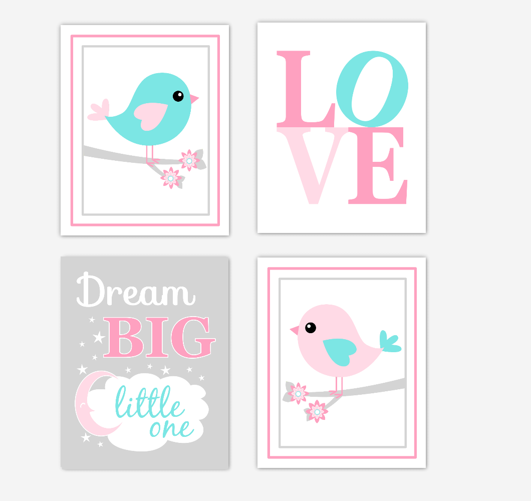 Birds Baby Girl Nursery Wall Art Prints Pink Aqua Teal LOVE Baby Nursery Decor Dream Big Little One 01800