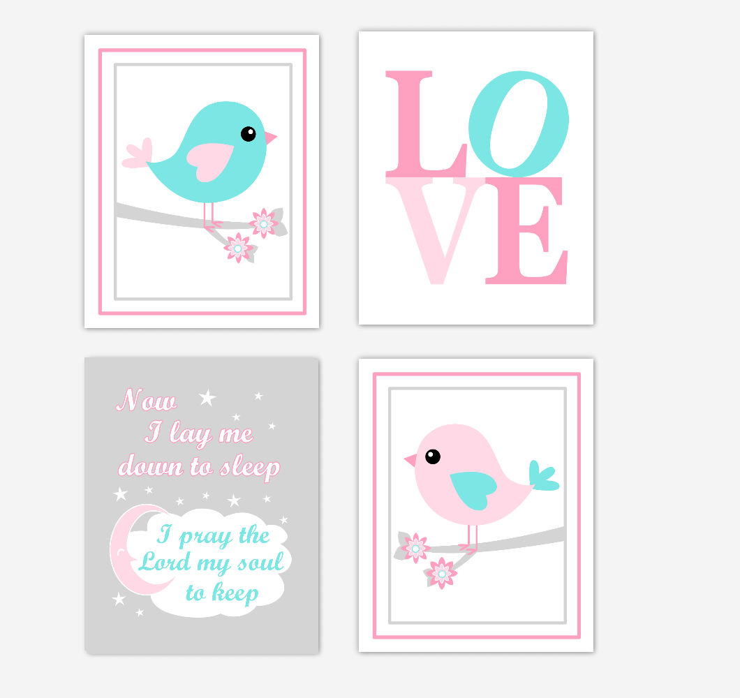 Birds Baby Girl Nursery Wall Art Prints Pink Aqua Teal LOVE Baby Nursery Decor Now I Lay Me Down to Sleep 01801