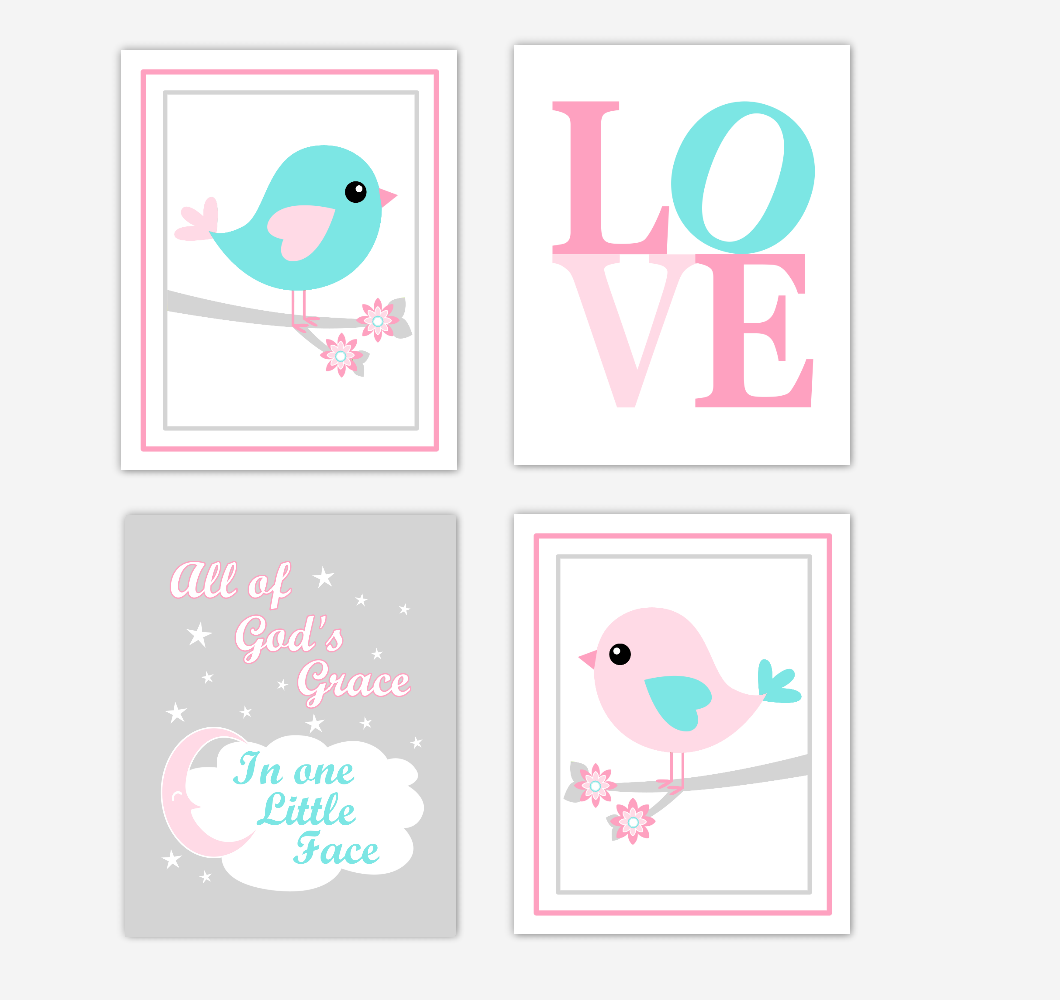 Birds Baby Girl Nursery Wall Art Prints Pink Aqua Teal LOVE Baby Nursery Decor All Of Gods Grace 01802