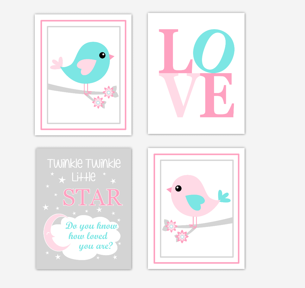 Birds Baby Girl Nursery Wall Art Prints Pink Aqua Teal LOVE Baby Nursery Decor Twinkle Twinkle Little Star 01803