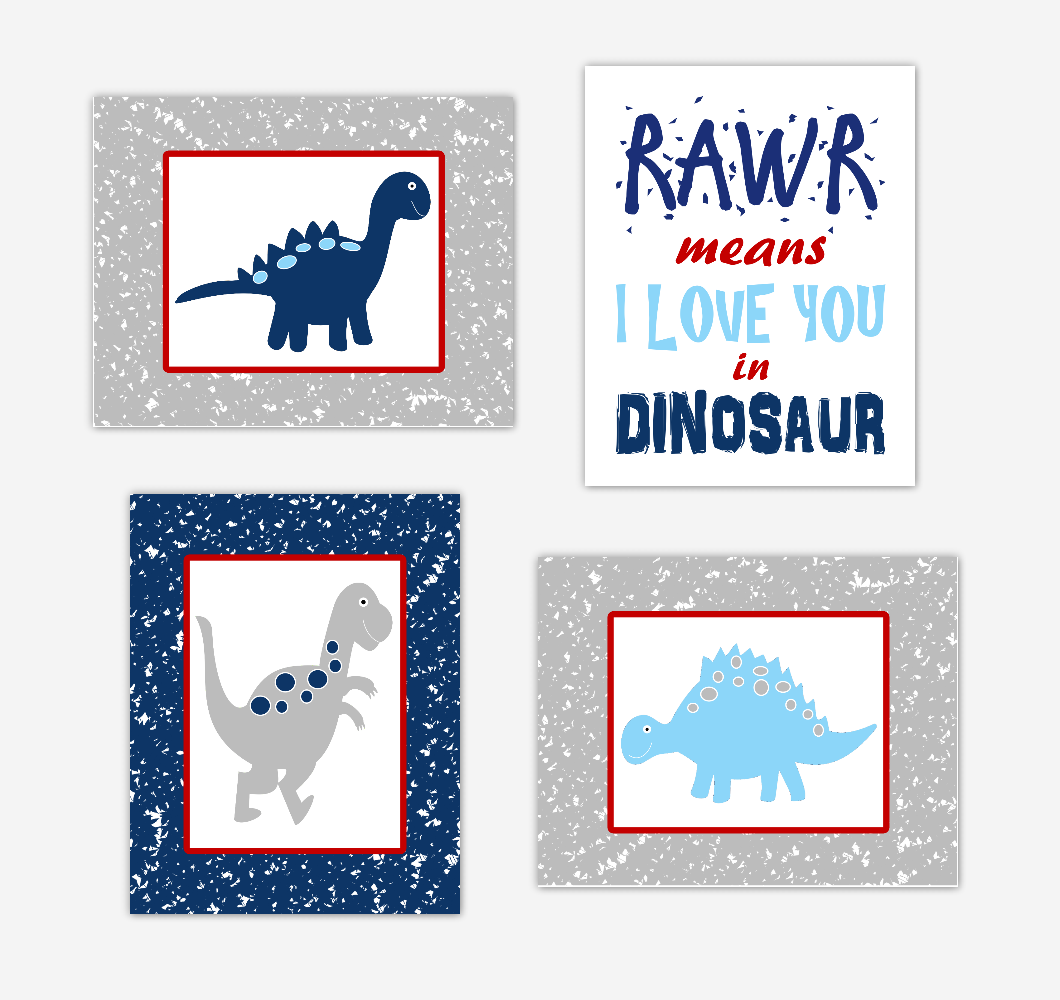 Dinosaur Baby Boy Nursery Wall Art Navy Blue Red Dinos Print Baby Nursery Decor Playroom RAWR Means I Love You In Dinosaur 01810