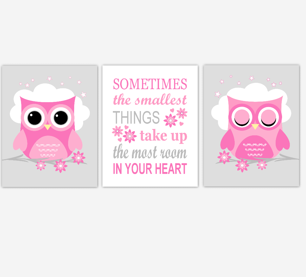 Owl Baby Girl Nursery Wall Art Prints Pink Gray Birds Baby Nursery Decor 01811