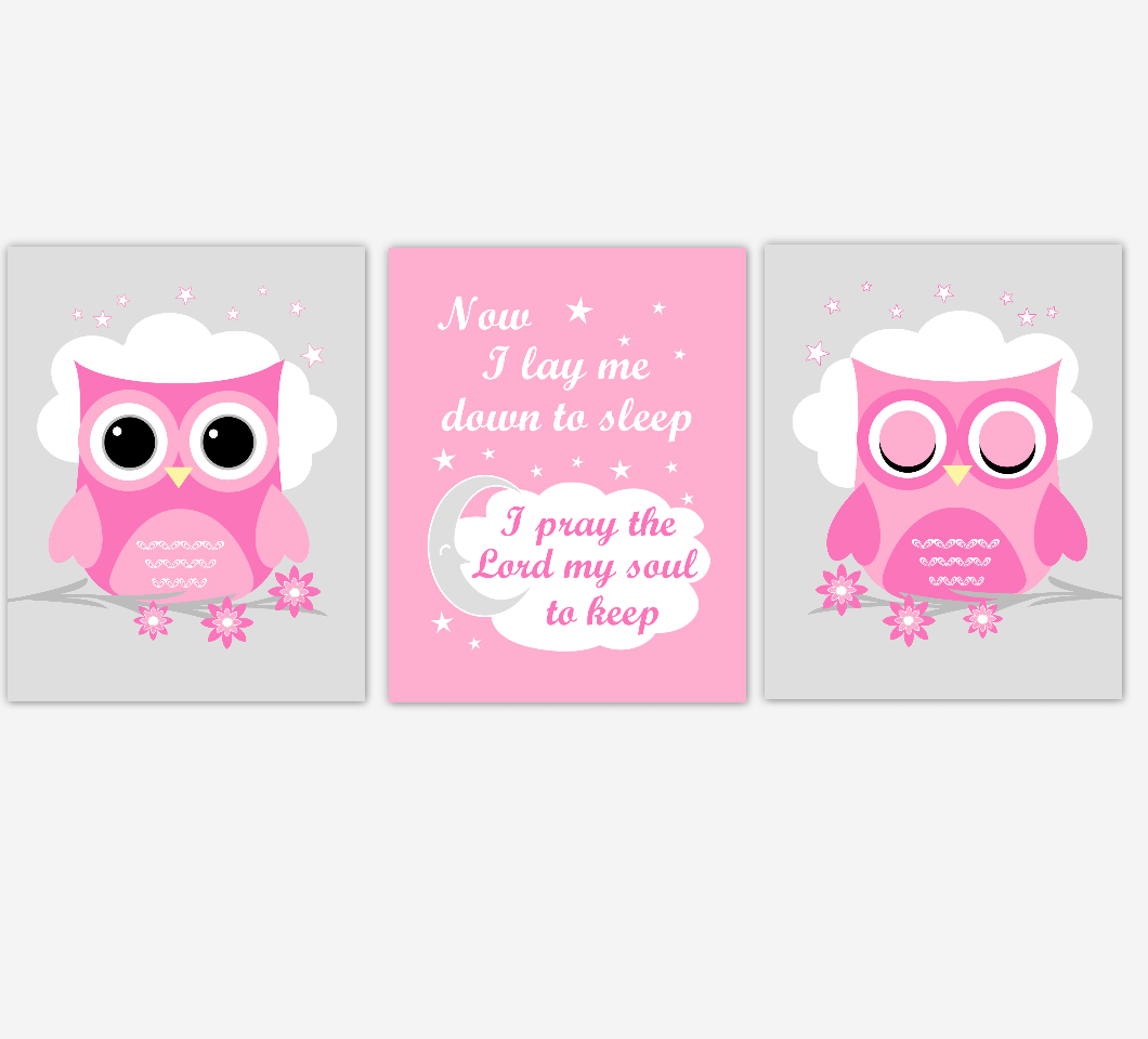 Owl Baby Girl Nursery Wall Art Prints Pink Gray Birds Baby Nursery Decor Now I Lay Me Down To Sleep 01812