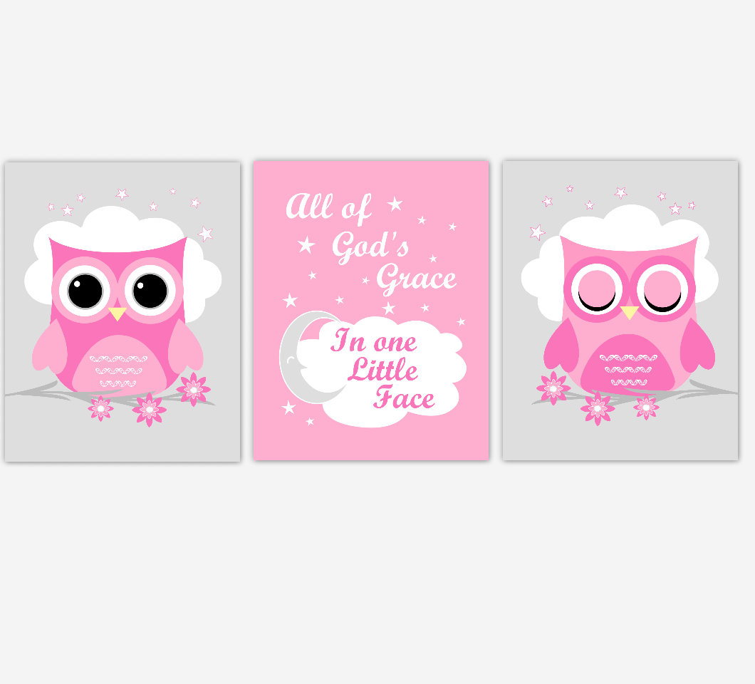 Owl Baby Girl Nursery Wall Art Prints Pink Gray Birds Baby Nursery