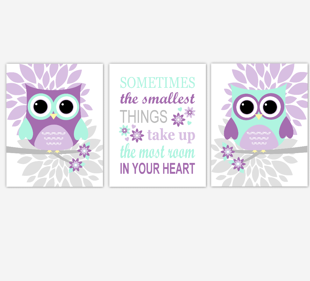 Owl Baby Girl Nursery Wall Art Prints Purple Mint Lavender Birds Baby Nursery Decor Sometimes The Smallest Things 01814