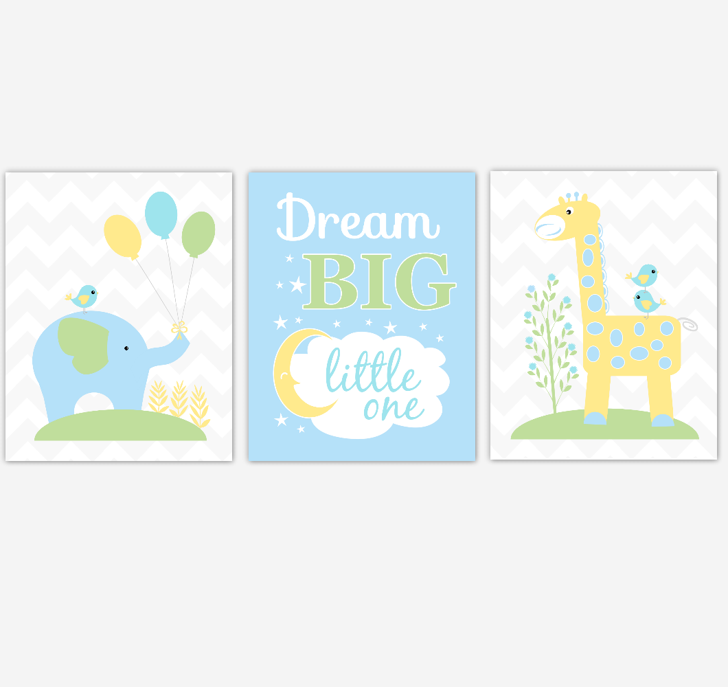 Safari Animals Baby Boy Nursery Wall Art Prints Blue Yellow Green Elephant Giraffe Baby Nursery Decor Dream Big Little One 01815