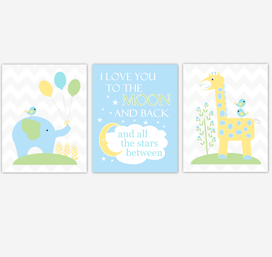 Safari Animals Baby Boy Nursery Wall Art Prints Blue Yellow Green Elephant Giraffe Baby Nursery Decor I Love You To The Moon and Back 01816