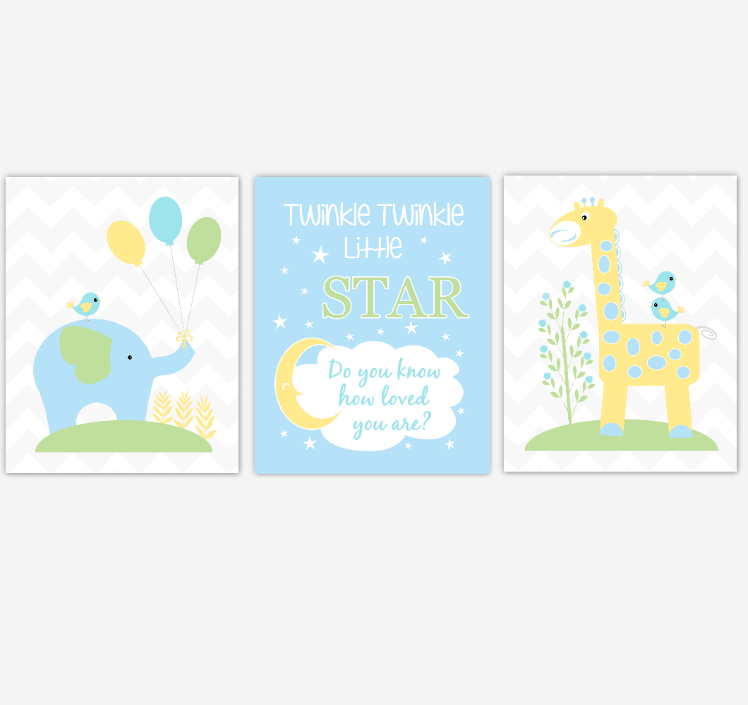 Safari Animals Baby Boy Nursery Wall Art Prints Blue Yellow Green Elephant Giraffe Baby Nursery Decor Twinkle Twinkle Little Star 01817