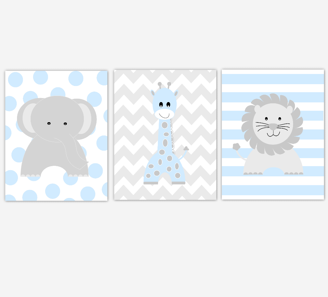 Safari Animals Baby Boy Nursery Wall Art Prints Baby Blue Elephant Giraffe Lion Baby Nursery Decor 01818