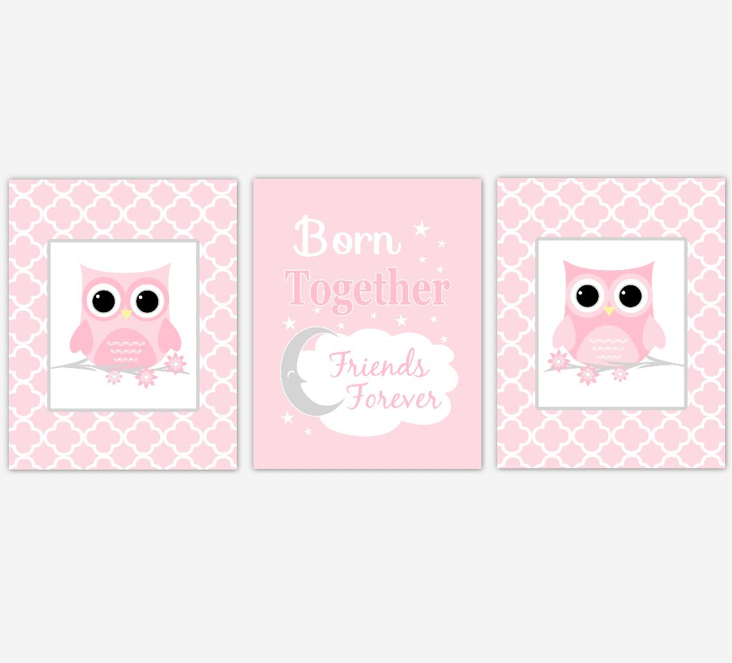 Twins Baby Girl Nursery Wall Art Pink Gray Owls Prints Baby Nursery Decor Born Together Friends Forever 01819