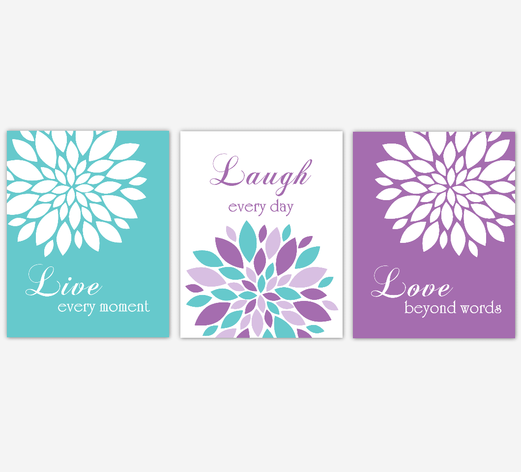 Live Laugh Love Dahlia Mum Flowers Purple Teal Aqua Home Decor Baby Girl Nursery Wall Art Floral Prints Girl Bedroom Baby Nursery Decor 01826