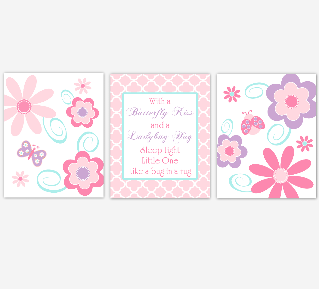 Flower Baby Girl Nursery Wall Art Pink Purple Prints Floral Girl Bedroom Baby Nursery Decor With a Butterfly Kiss and a Lady Bug Hug 01829