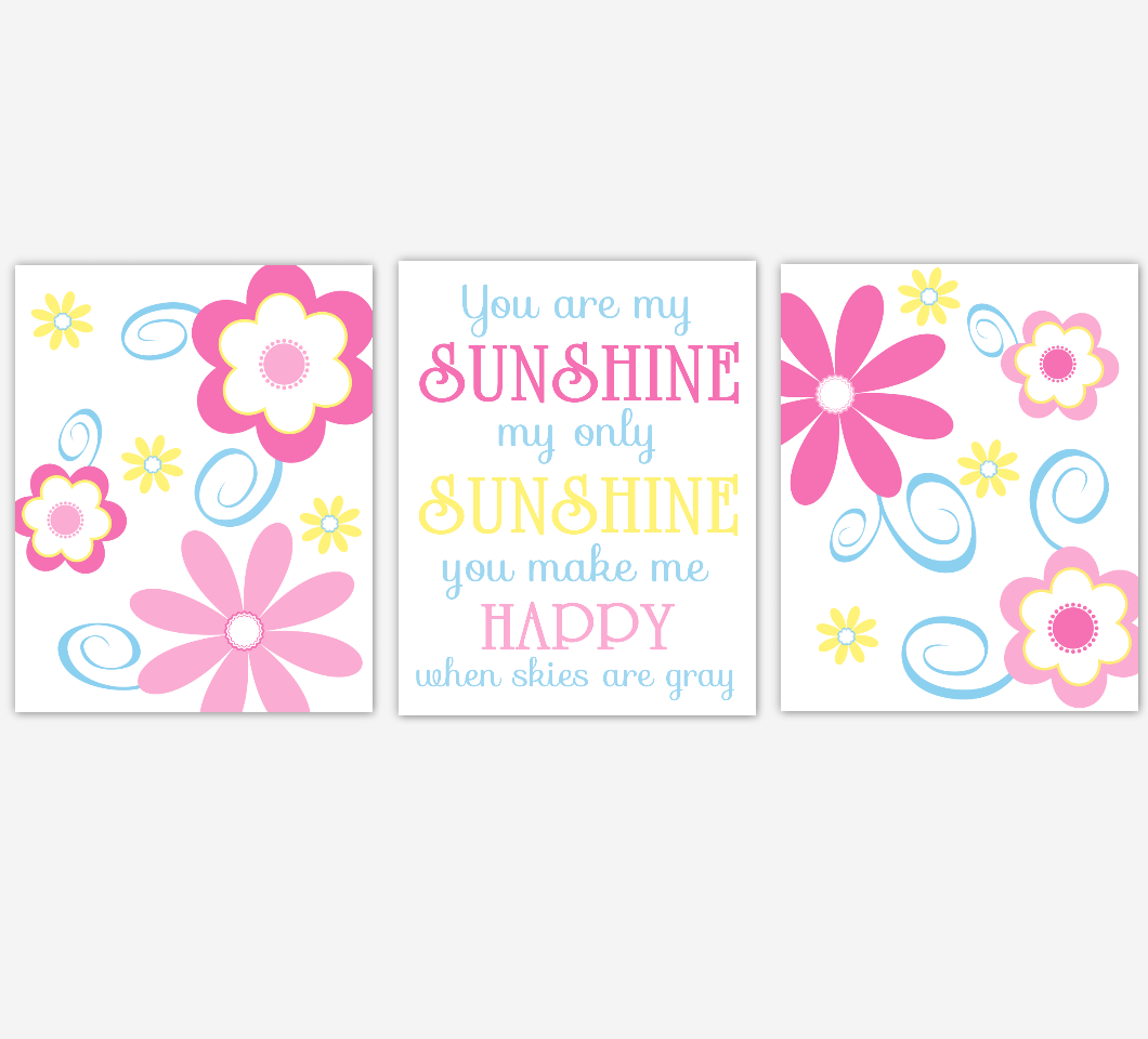 Flower Baby Girl Nursery Wall Art Pink Blue Yellow Prints Floral Girl Bedroom Baby Nursery Decor You Are My Sunshine 01831