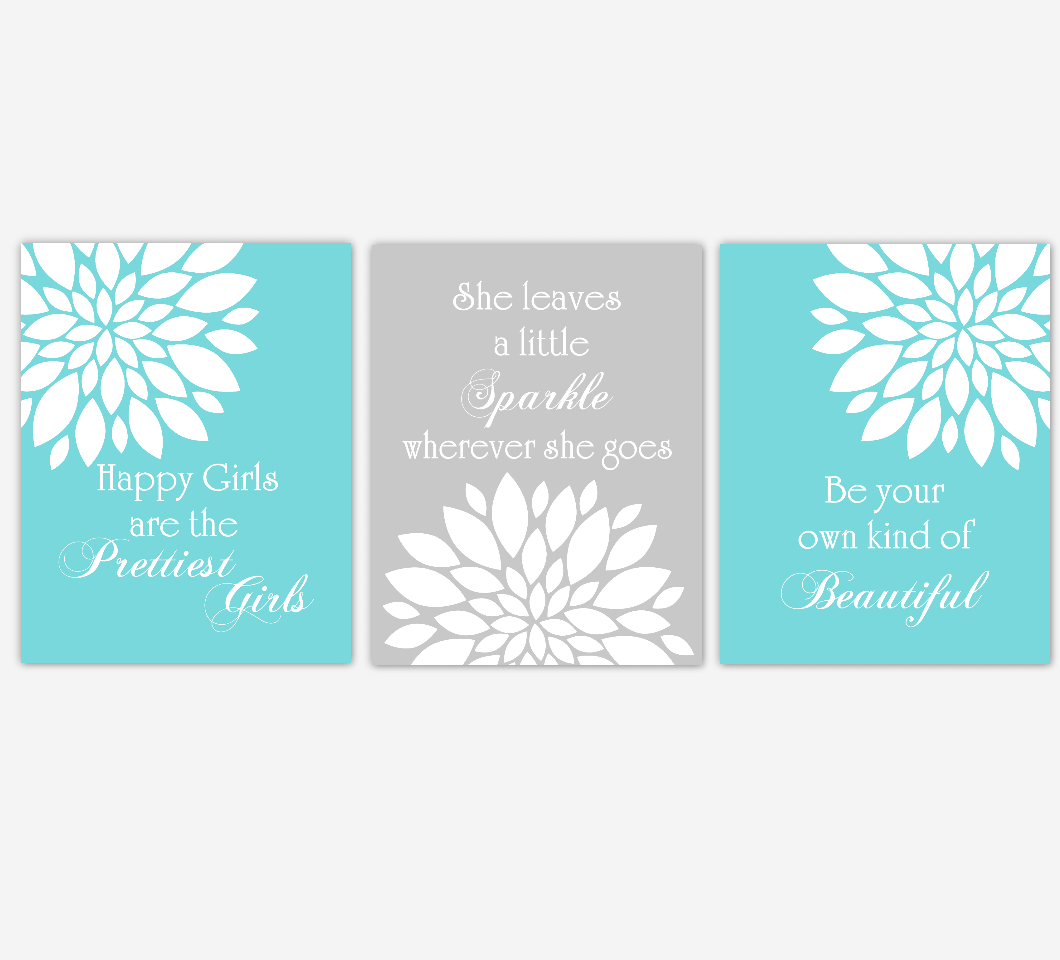 Dahlia Mum Flower Wall Art Prints Teal Aqua Gray Baby Girl Nursery Girl Bedroom Floral Home Decor Baby Nursery Decor 01833