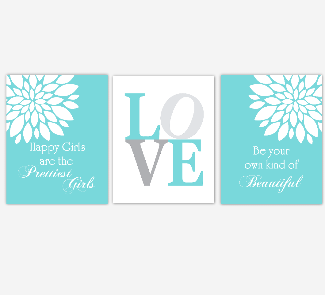 Dahlia Mum Flower Wall Art Prints Teal Aqua Gray Baby Girl Nursery Girl Bedroom Floral Home Decor Baby Nursery Decor 01834