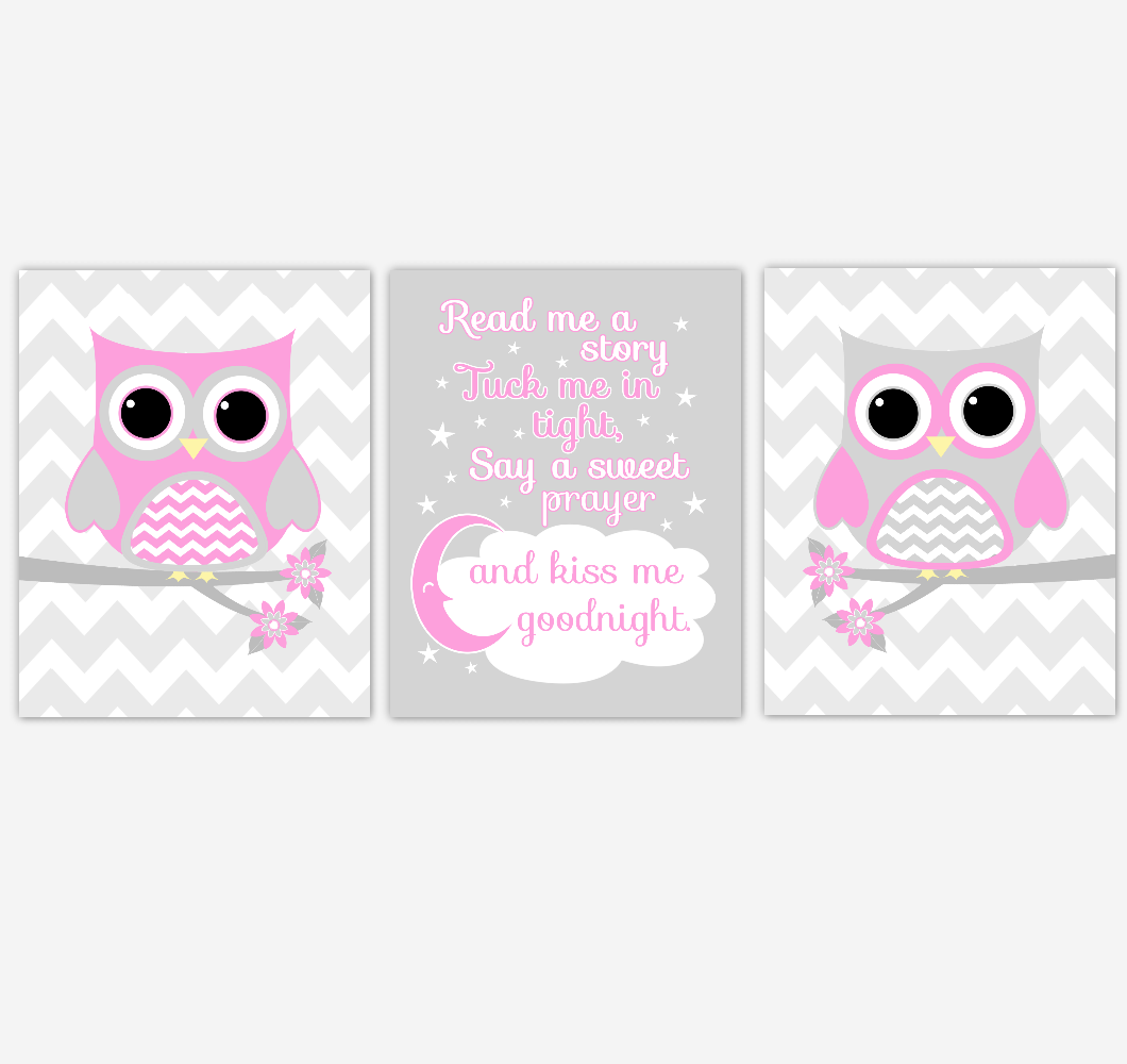 Owl Baby Girl Nursery Wall Art Pink Gray Birds Nursery Rhyme Baby Nursery Decor Read Me A Story 01842