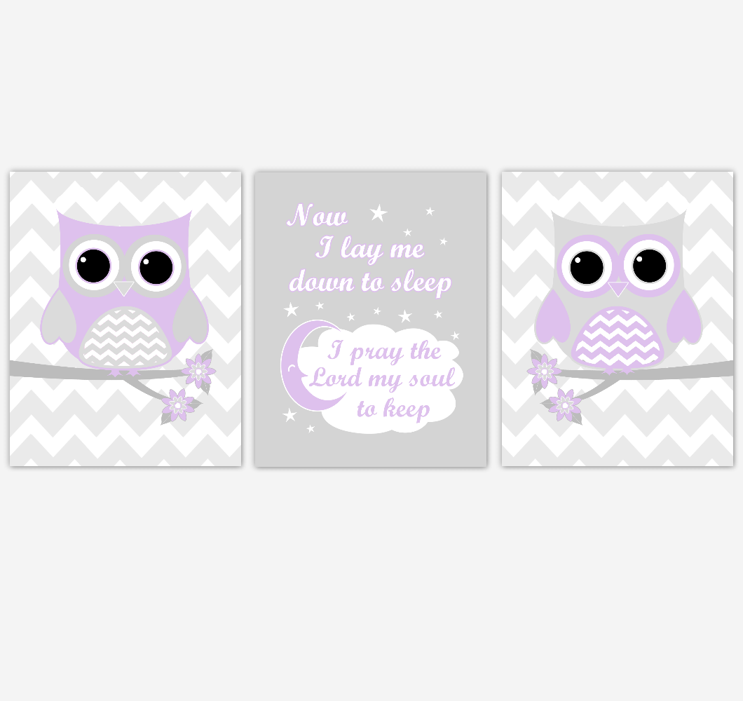 Owl Baby Girl Nursery Wall Art Purple Gray Lavender Birds Baby Nursery Decor Prints 01849