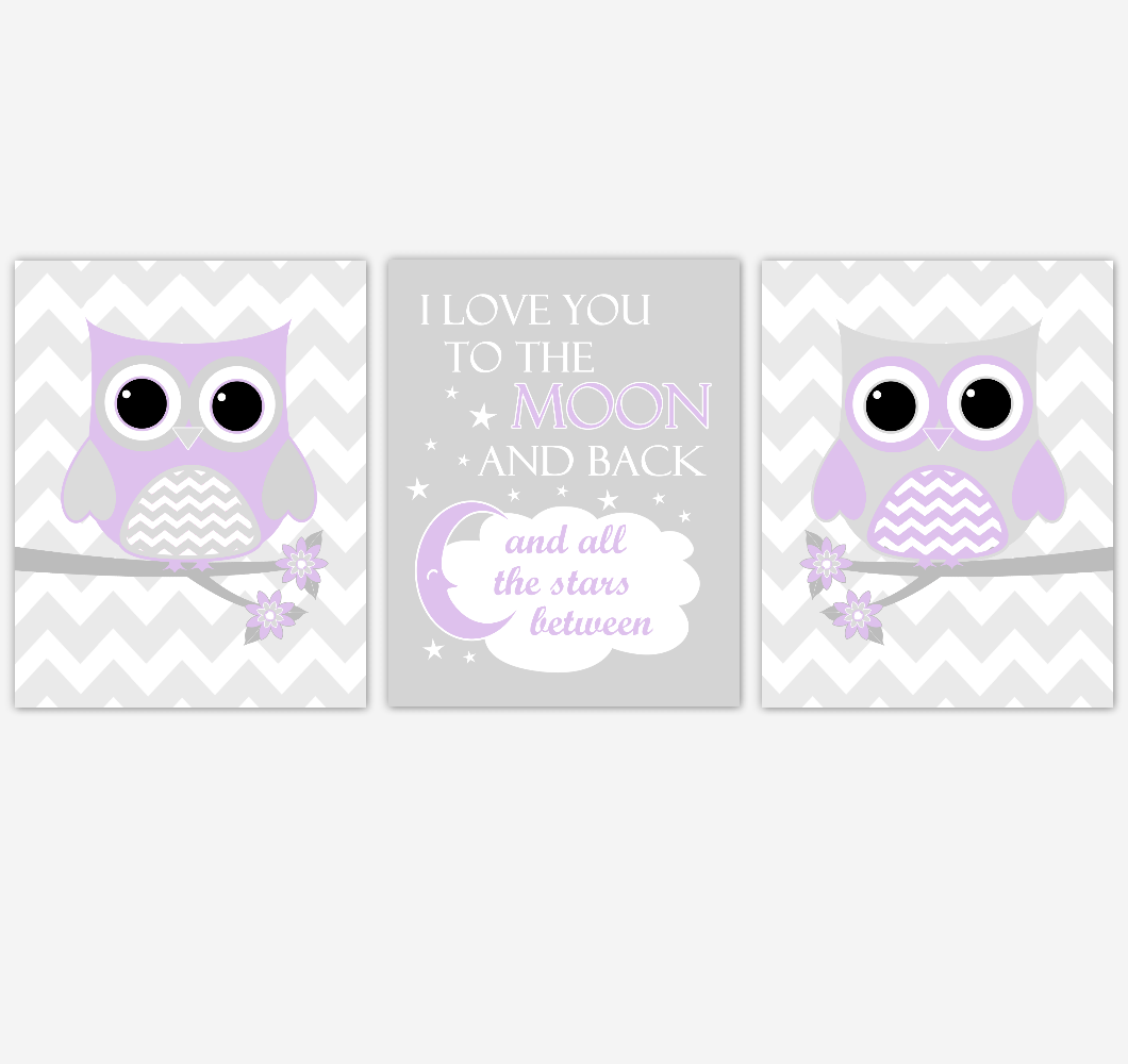 Owl Baby Girl Nursery Wall Art Purple Gray Lavender Birds Baby Nursery Decor Prints 01850