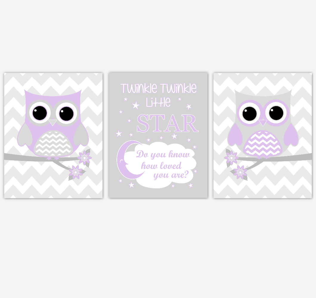 Owl Baby Girl Nursery Wall Art Purple Gray Lavender Birds Baby Nursery Decor Prints 01851