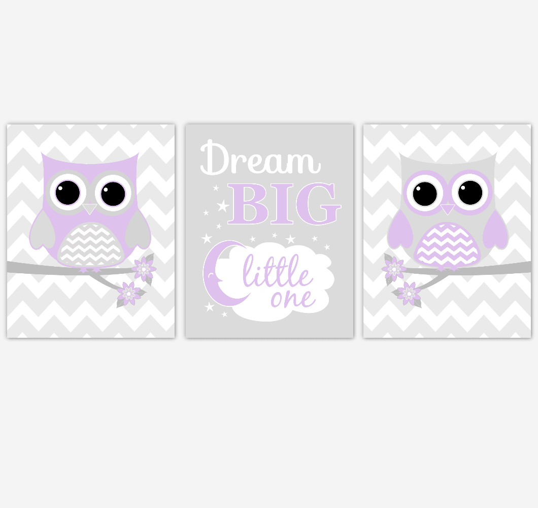 Owl Baby Girl Nursery Wall Art Purple Gray Lavender Birds Baby Nursery Decor Prints 01852