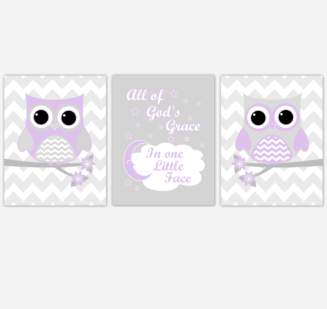 Owl Baby Girl Nursery Wall Art Purple Gray Lavender Birds Baby Nursery Decor Prints 01853