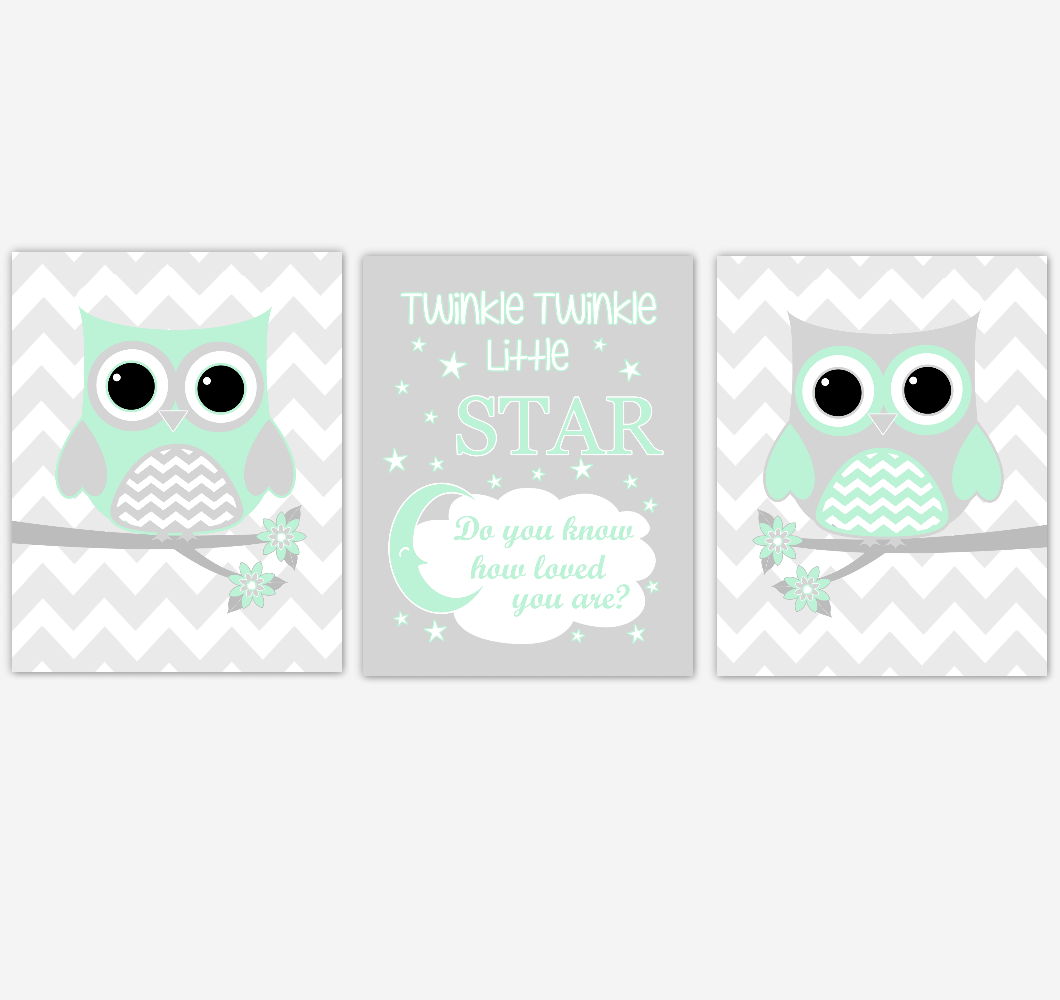 Owl Baby Girl Nursery Wall Art Mint Green Gray Birds Baby Nursery Decor Prints 01854