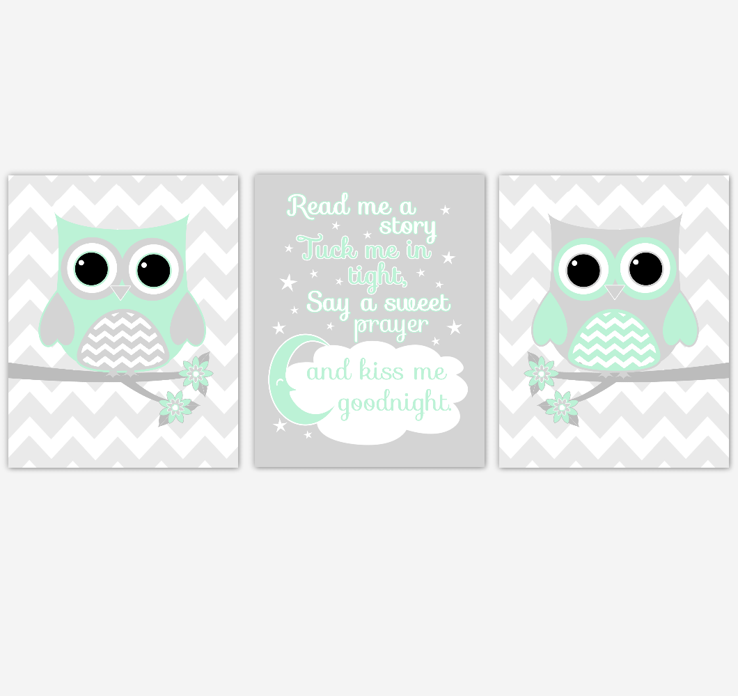 Owl Baby Girl Nursery Wall Art Mint Green Gray Birds Baby Nursery Decor Prints 01855