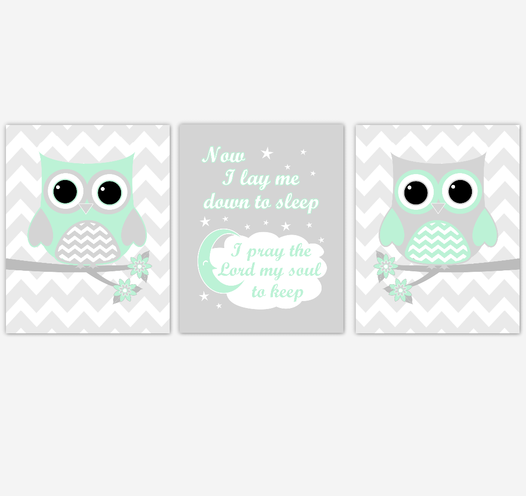 Owl Baby Girl Nursery Wall Art Mint Green Gray Birds Baby Nursery Decor Prints 01857