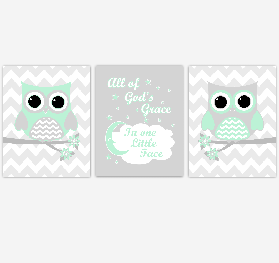 Owl Baby Girl Nursery Wall Art Mint Green Gray Birds Baby Nursery Decor Prints 01858