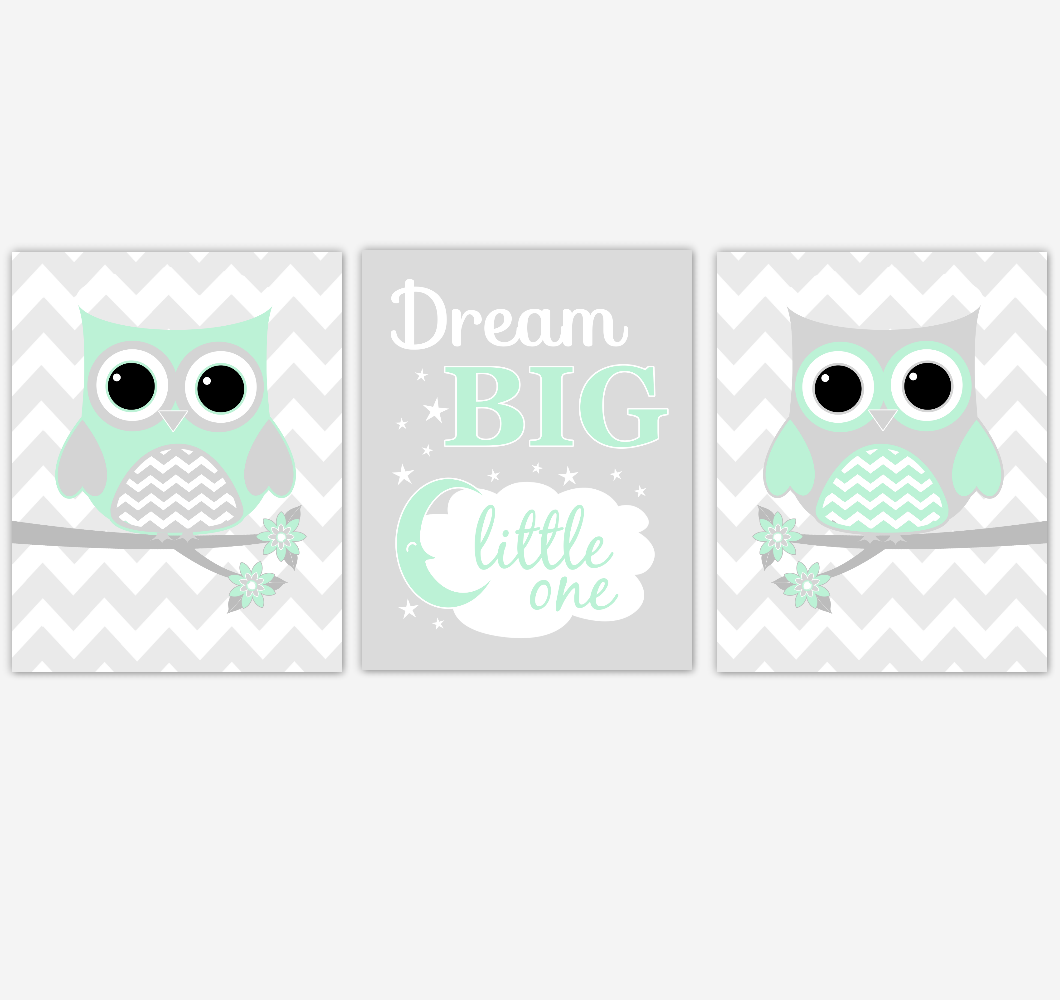 Owl Baby Girl Nursery Wall Art Mint Green Gray Birds Baby Nursery Decor Prints 01859