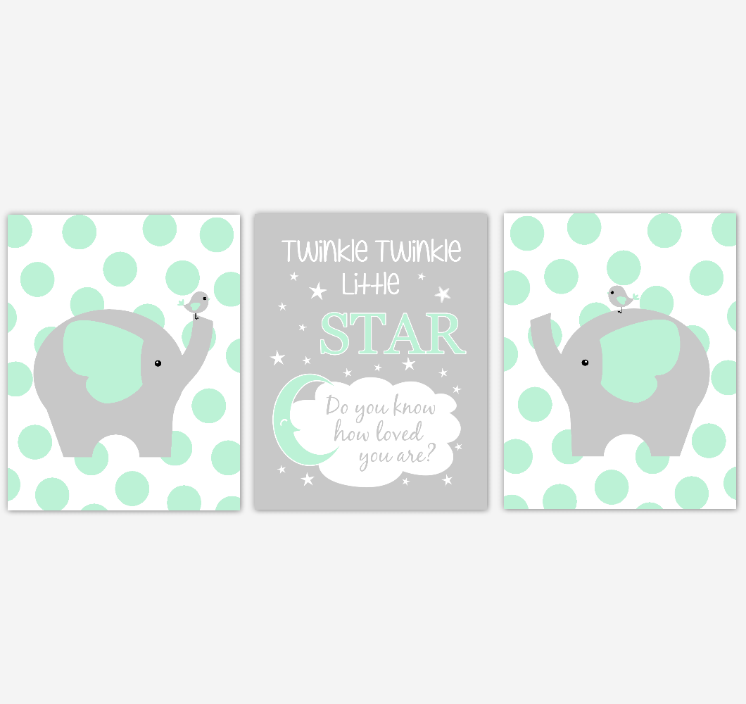 Elephant Baby Nursery Wall Art Mint Green Gray Birds Gender Neutral Safari Animals Boy Girl Baby Nursery Decor Prints 01860