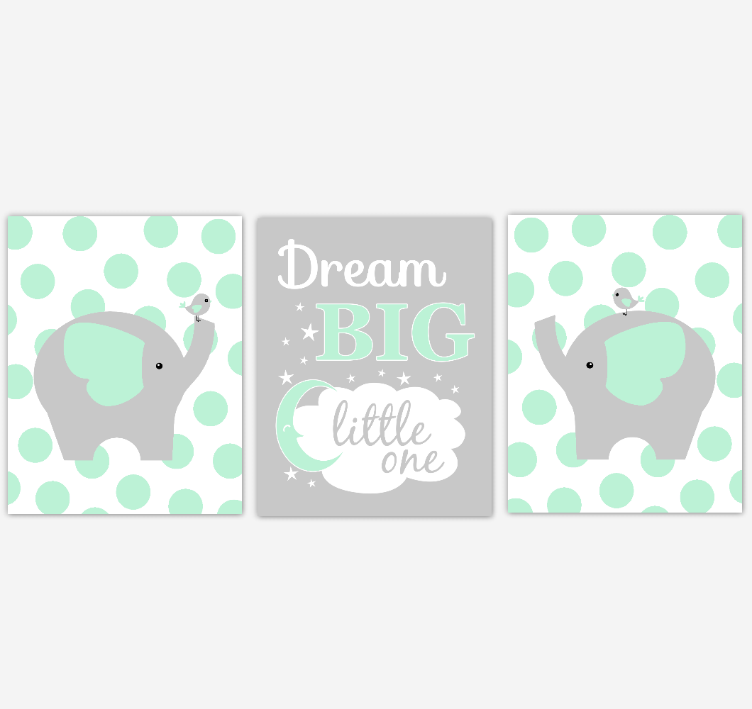 Elephant Baby Nursery Wall Art Mint Green Gray Birds Gender Neutral Safari Animals Boy Girl Baby Nursery Decor Prints 01861