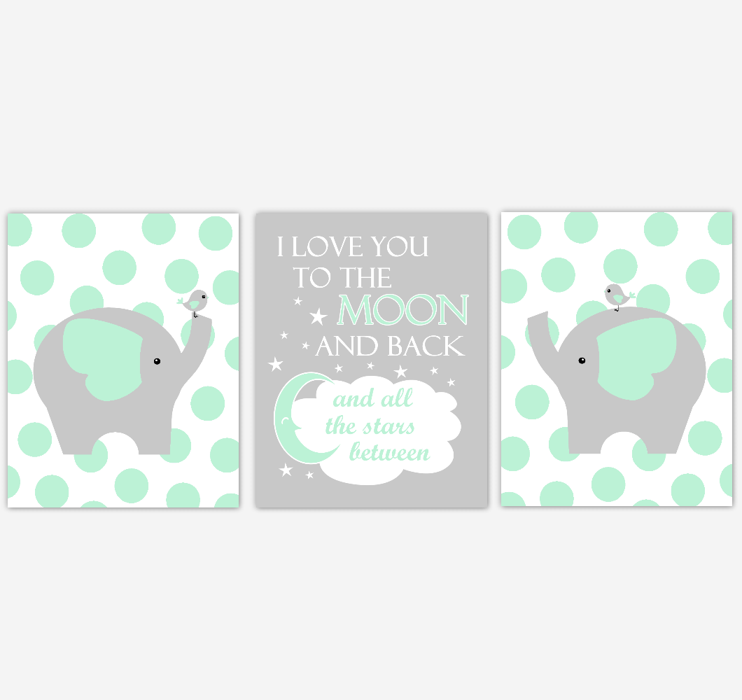 Elephant Baby Nursery Wall Art Mint Green Gray Birds Gender Neutral Safari Animals Boy Girl Baby Nursery Decor Prints 01862